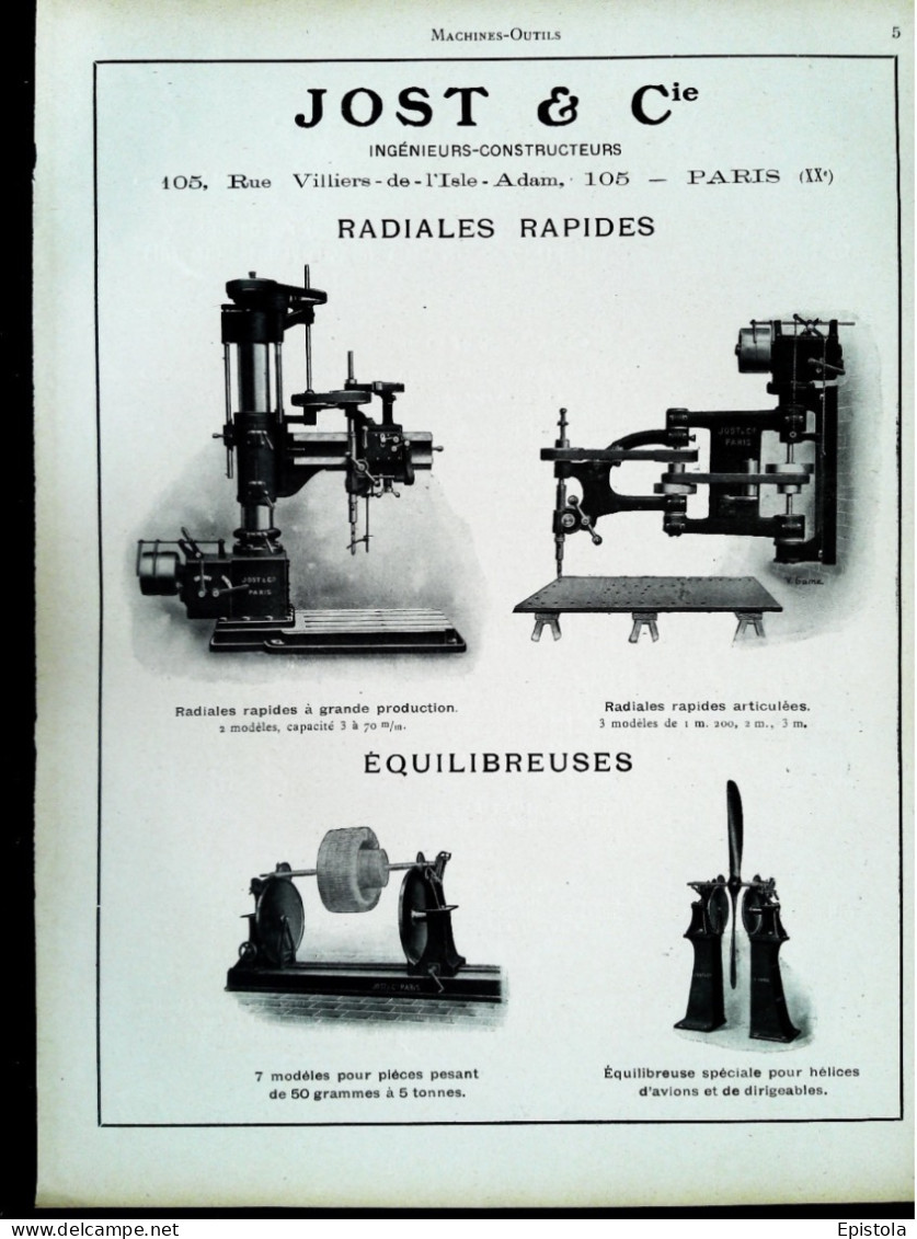 ► Machine-Outils RADIALE & EQUILIBREUSE  "Jost & Cie" Paris XXe- Page Catalogue Technique 1928  (Env 22 X 30 Cm) - Machines