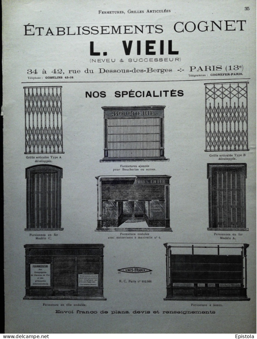 ► FERMETURES, GRILLES ARTICULEES, Ets VIEIL COGNET à Paris- Page Catalogue Technique 1928  (Env 22 X 30 Cm) - Maschinen