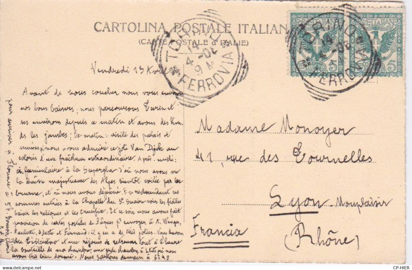 1908 - ITALIE - ITALIA - SICILIA - TORINO - CACHET HOTEL DU NORD DE TURIN  34 RUE DE ROME - Bars, Hotels & Restaurants