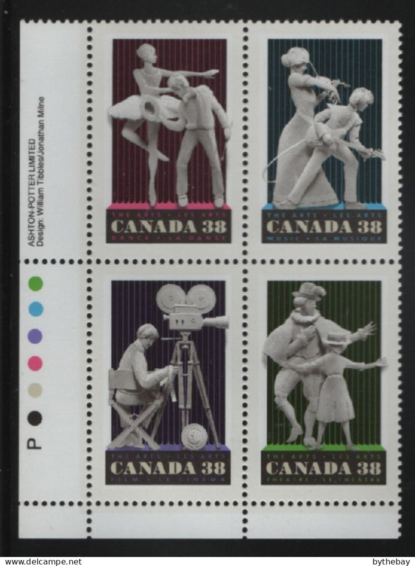 Canada 1989 MNH Sc 1255a 38c Film, Dance, Music, Performers LL Plate Block - Plate Number & Inscriptions