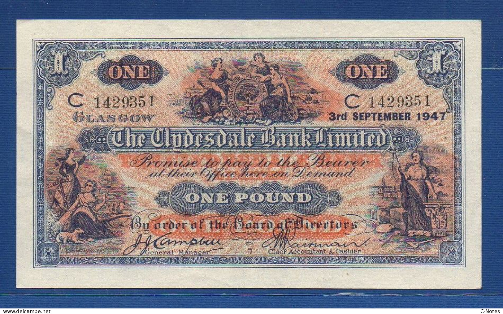SCOTLAND - P.189e – 1 POUND 03.09.1947 XF/aUNC, S/n C 1429351 - 1 Pound