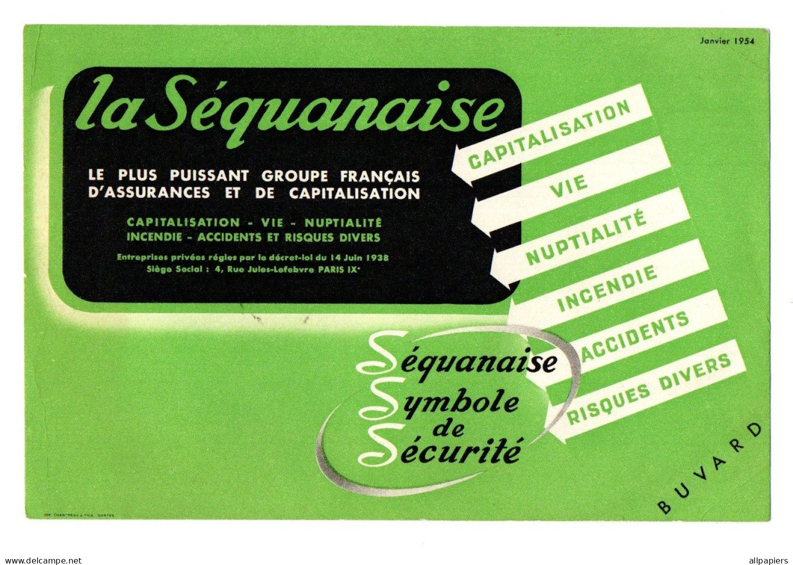 Buvard La Séquanaise Séquanaise Symbole De Sécurité - Format : 21x14 Cm - Banque & Assurance