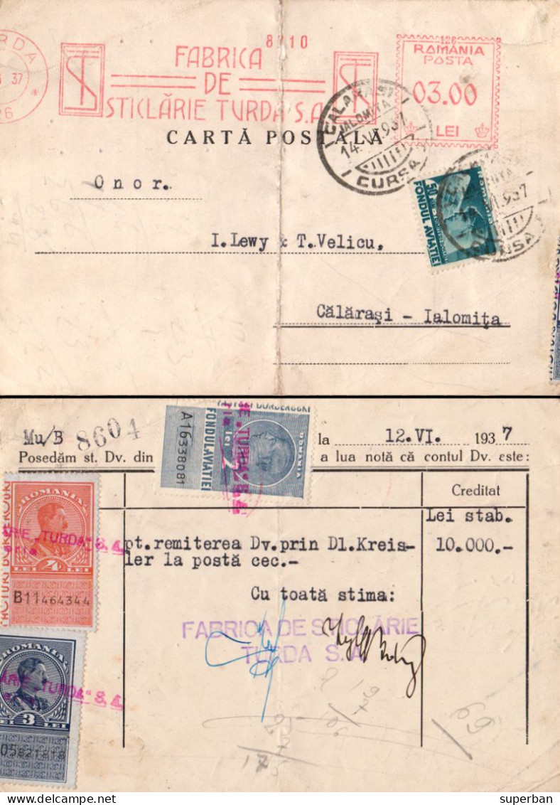 FABRICA DE STICLARIE TURDA S. A. -> I. LEWY & T. VELICU / CALARASI [ TIMBRE FISCALE ] -  POSTCARD MAILED In 1937 (al902) - Revenue Stamps