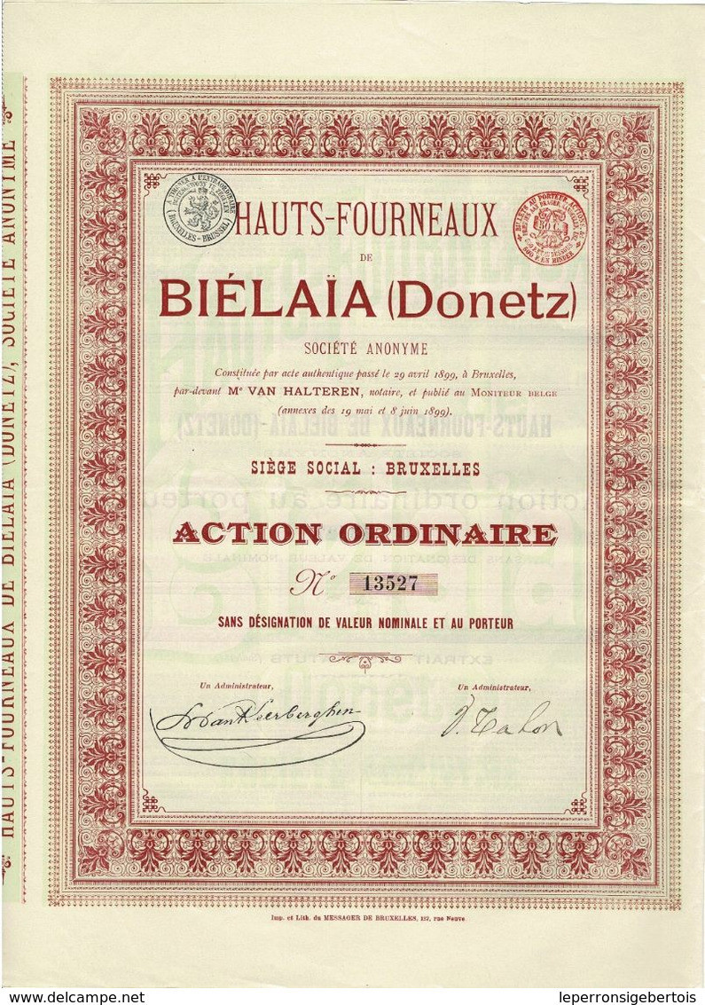 Ancienne Action - Hauts-Fourneaux De Biélaïa (Donetz) - Titre De 1899 - Titre N° 13529 EF - Russia