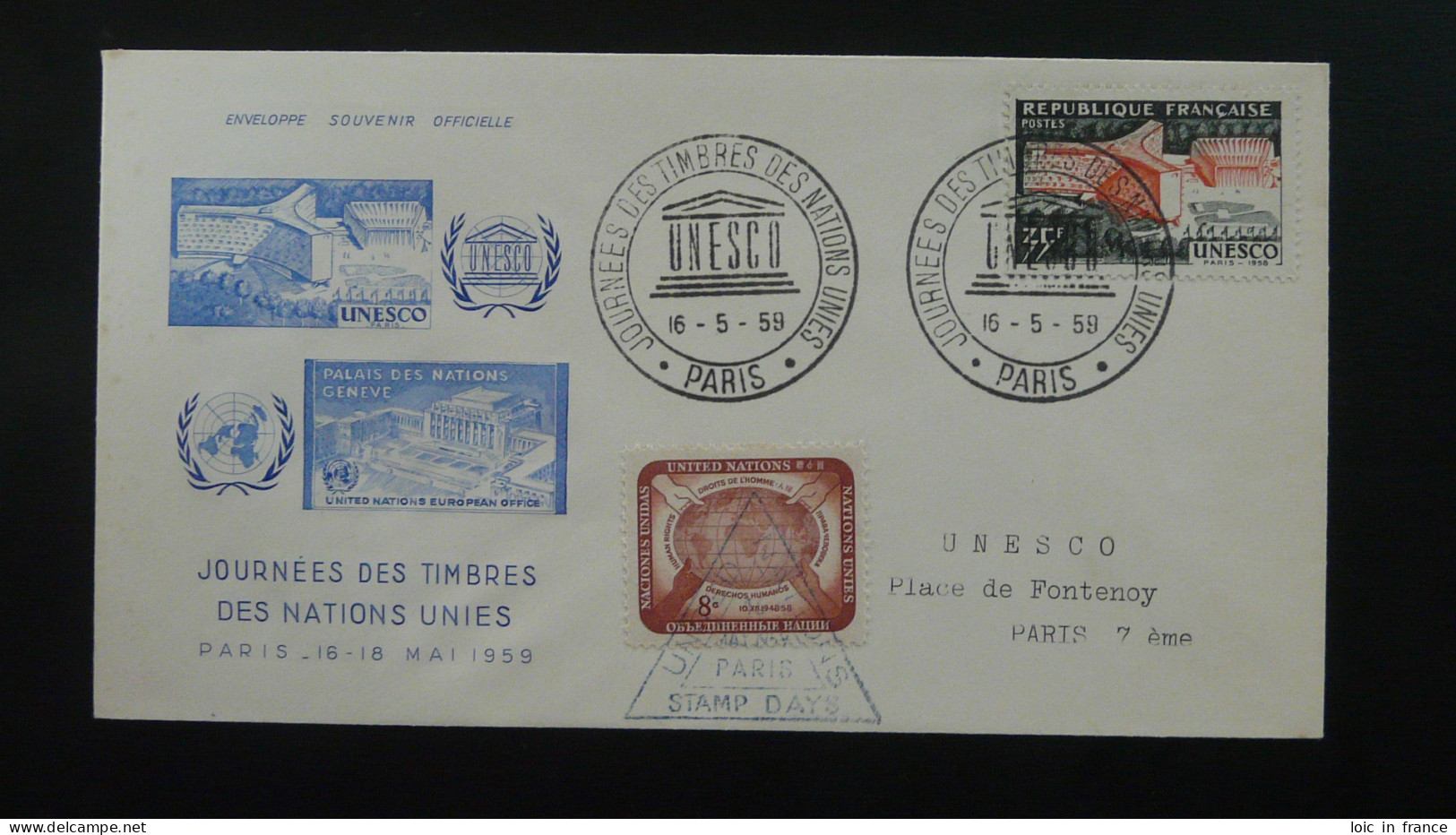 Lettre Cover Journée Des Timbres Des Nations Unies United Nations Stamp Days Paris 1959 - Lettres & Documents