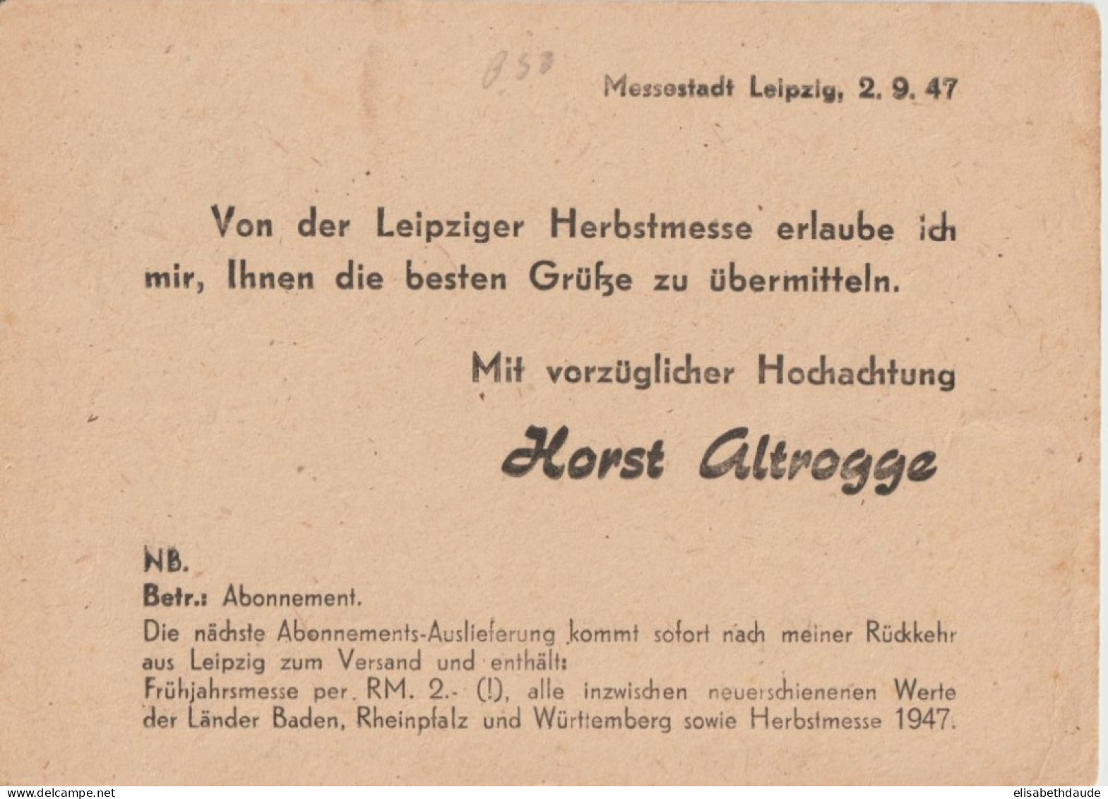 1947 - ZONE AAS - CARTE ENTIER Avec REPIQUAGE PRIVE HORST ALTROGGE GÖTTINGEN De MESSESTADT LEIPZIG - Entiers Postaux