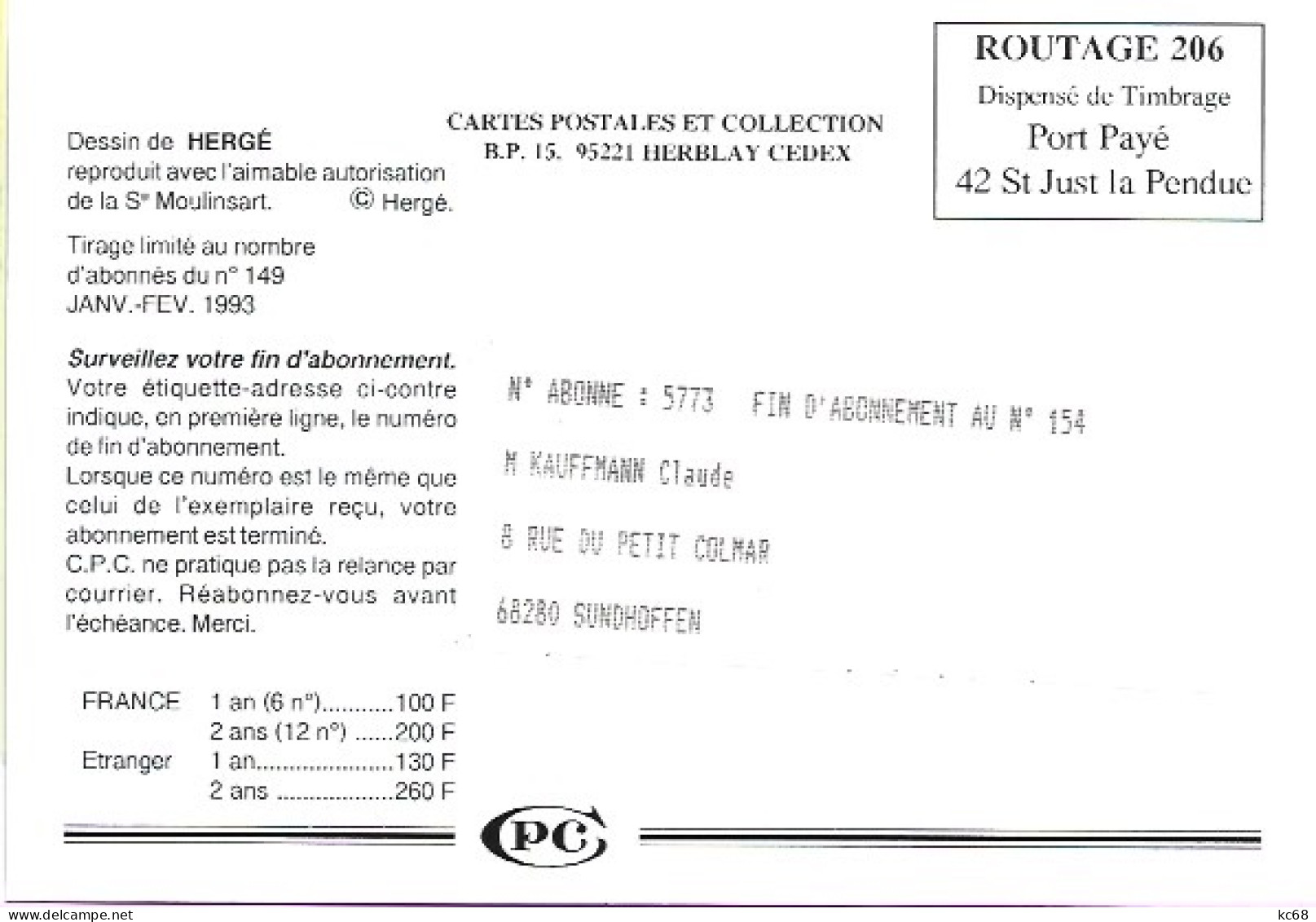 Carte CPCTirage Limitéau Nb D'Abonnés -  Dessin De HERGÉ Janv./Fév.1993 - Hergé