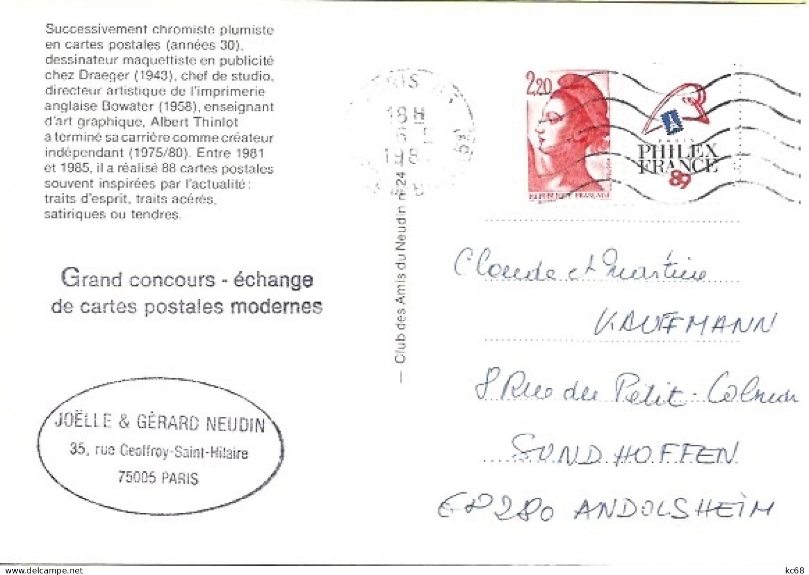 Concours - Échange De CPM NEUDIN -  Dessin De Albert THINLOT - 1987 - Thinlot, Albert