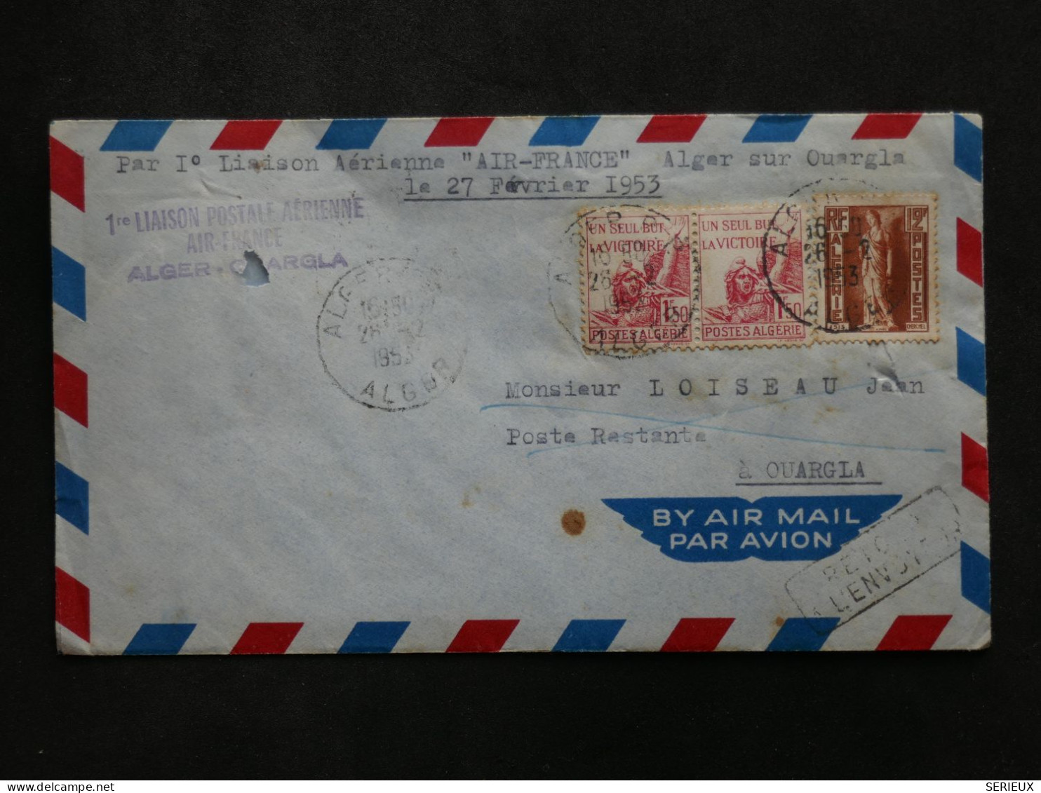 BW14 ALGERIE  BELLE LETTRE 1953 1ER VOL AIR FRANCE ALGER   A OUARGLIA ++AFF.PLAISANT++ - Luftpost