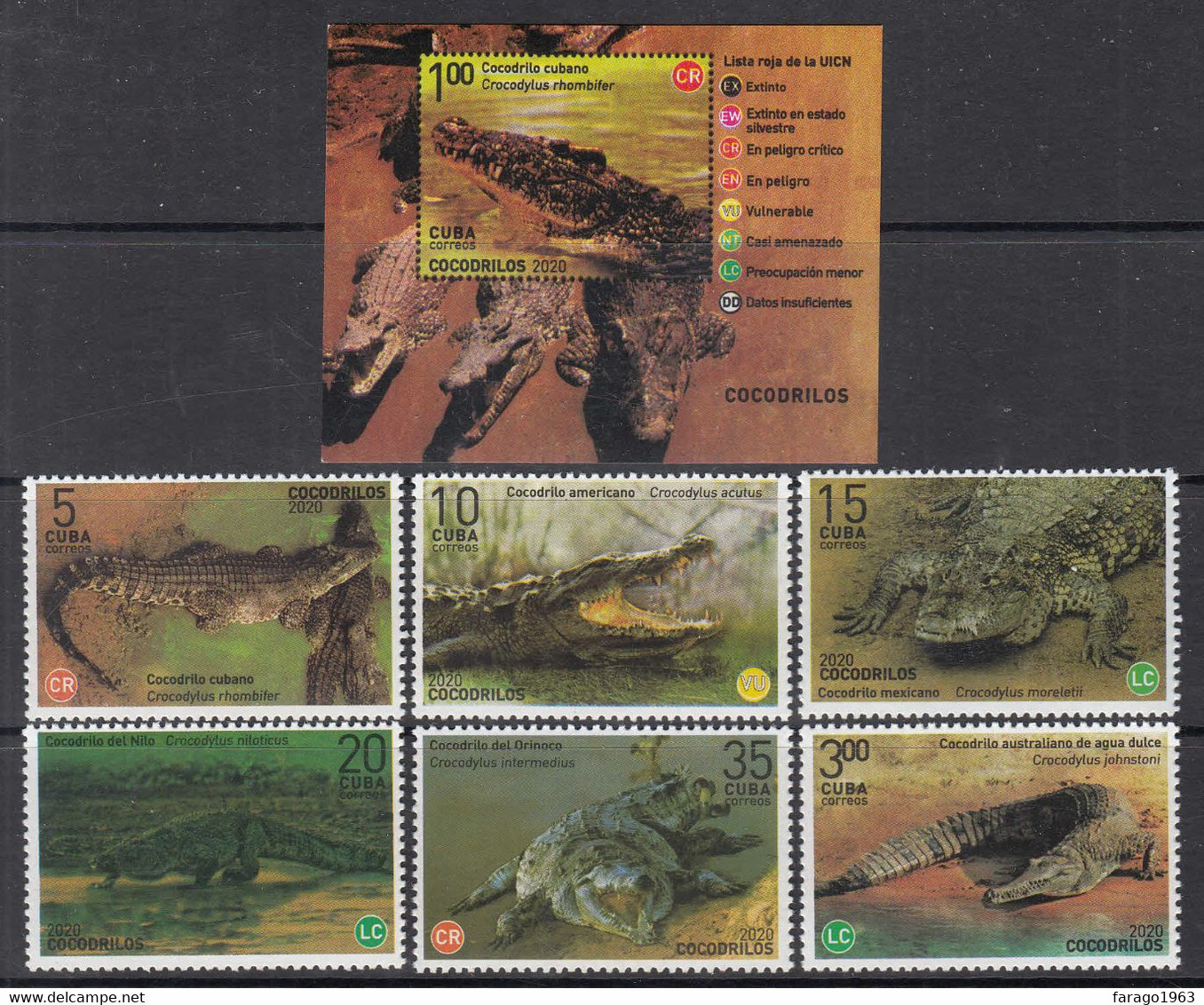 2020 Cuba Crocodiles Alligators Reptiles Complete Set Of 6 & Souvenir Sheet MNH - Nuevos