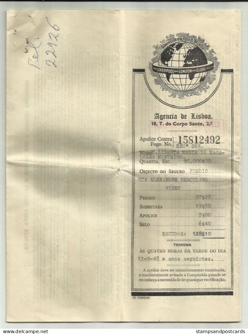 Portugal Police D'assurance The Liverpool & London & Globe Insurance Co Agence Lisbonne Insurance Policy Lisbon Agency - Portugal