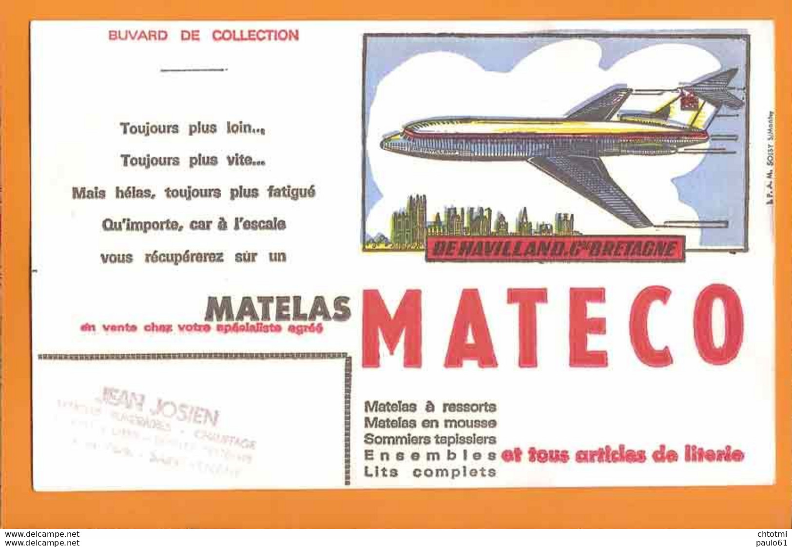 BUVARD&Blotter Paper:  Matelas MATECO / Avion DE HAVILLAND Grande Bretagne ( Saint Venant ) - Banque & Assurance