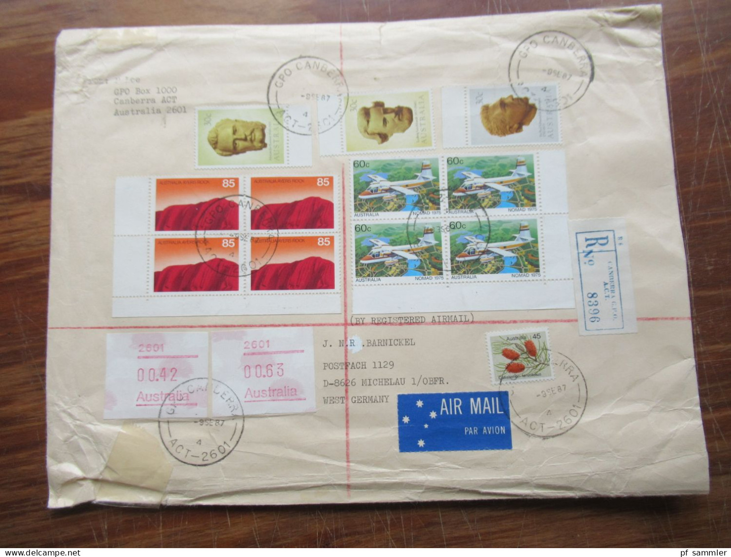 Australien 1987 Reko Registered Letter Canberra GPO Nach 8626 Michelau Oberfranken Motivmarken / Eckrand - Storia Postale