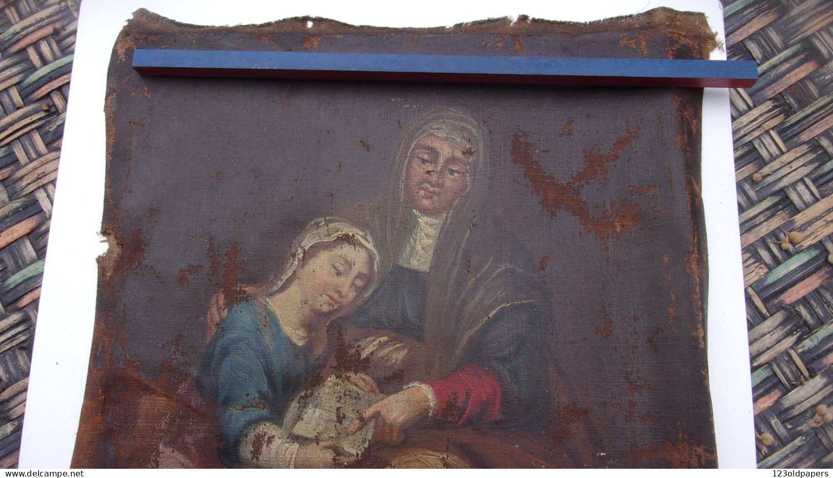 PEINTURE HST 17 EME SAINT ANNE APPRENANT A LIRE A LA VIERGE MARIE A RESTAURER 30 / 40 CM CHRIST - Sonstige & Ohne Zuordnung