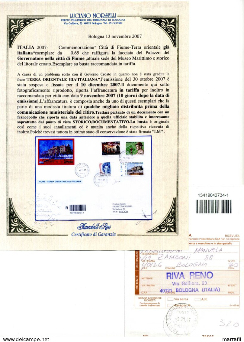 2007 Francobollo Un. N.3053 Omaggio Alla Città Di Fiume Su Busta Con Data Anticipata. Certificata. - Abarten Und Kuriositäten