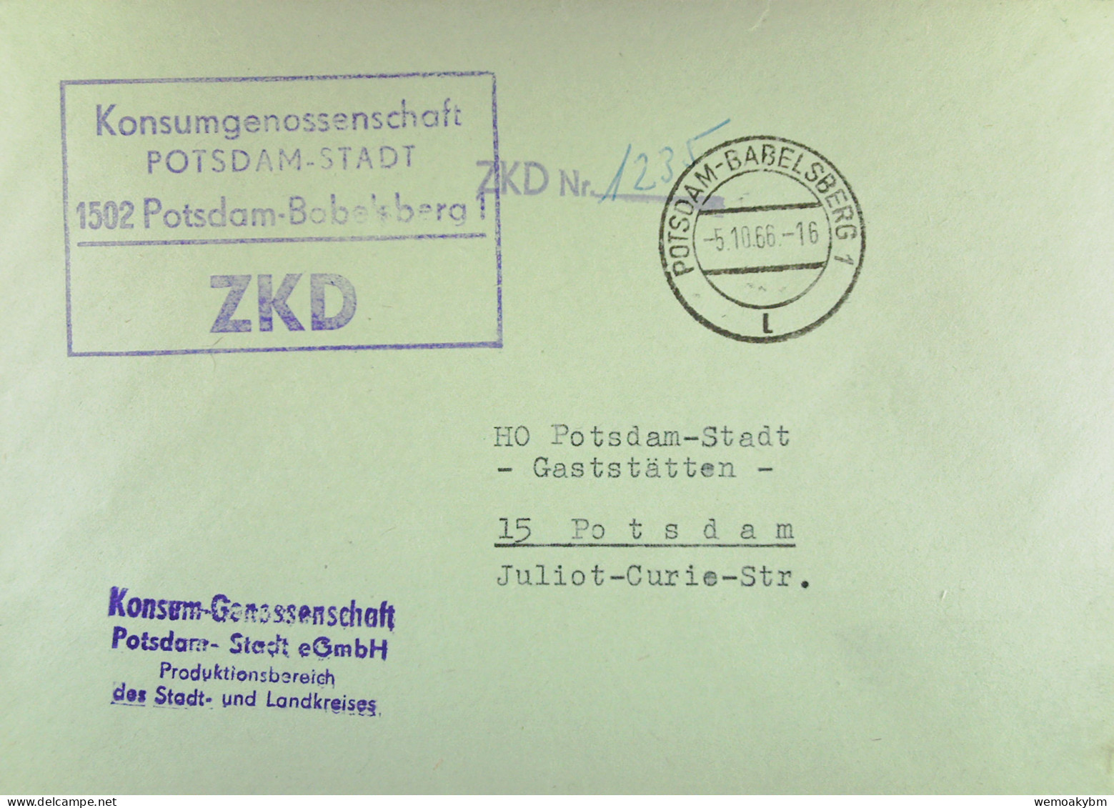 Orts-Brief Mit ZKD-Kastenstpl. "Konsum-Genossenschaft P-Stadt 1502 Potsdam-Babelsberg1" Vom 5.10.66 An HO Potsdam-Stadt - Zentraler Kurierdienst