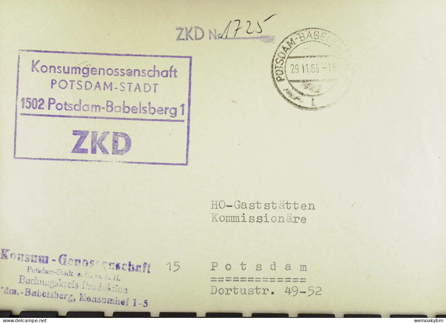 Orts-Brief Mit ZKD-Kastenstpl. "Konsum-Genossenschaft P-Stadt 1502 Potsdam-Babelsberg1" Vom 29.11.65 An HO Potsdam-Stadt - Zentraler Kurierdienst