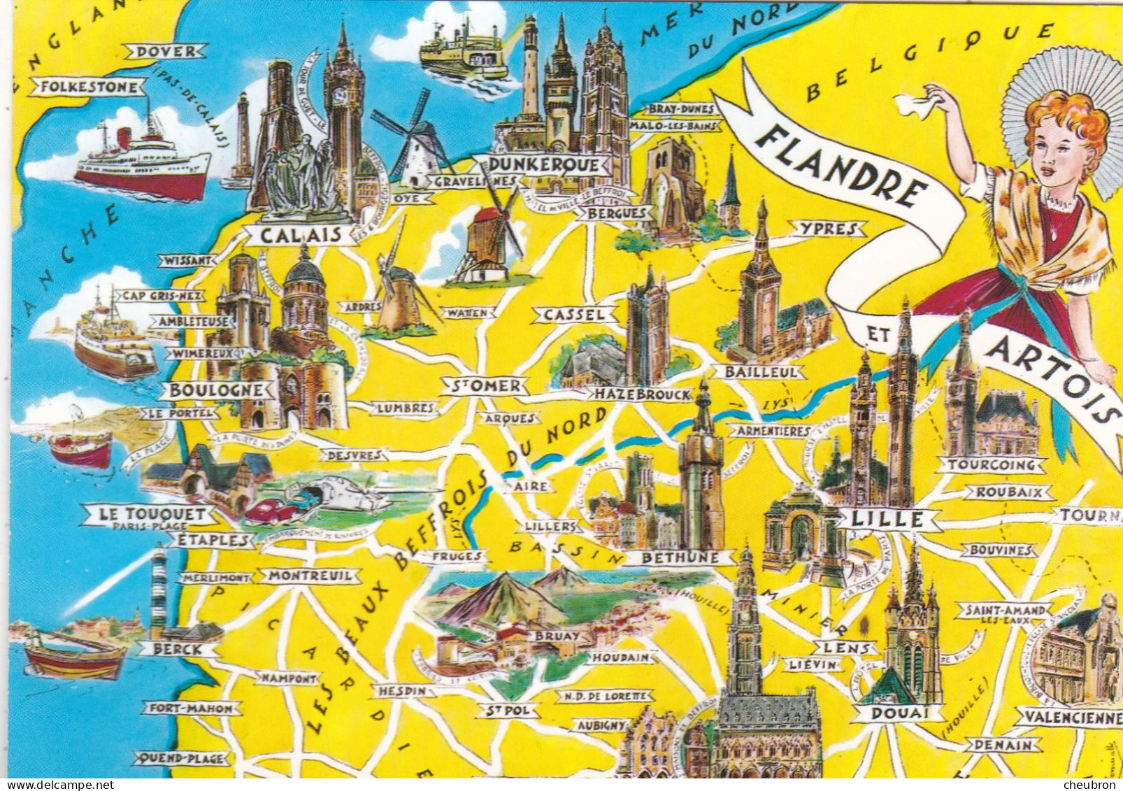 REGION NORD PAS DE CALAIS. CARTE GEOGRAPHIQUE ILLUSTREE. " FLANDRE-ARTOIS.  LA COTE D'OPALE ". + TEXTE ANNEE 1995 - Nord-Pas-de-Calais