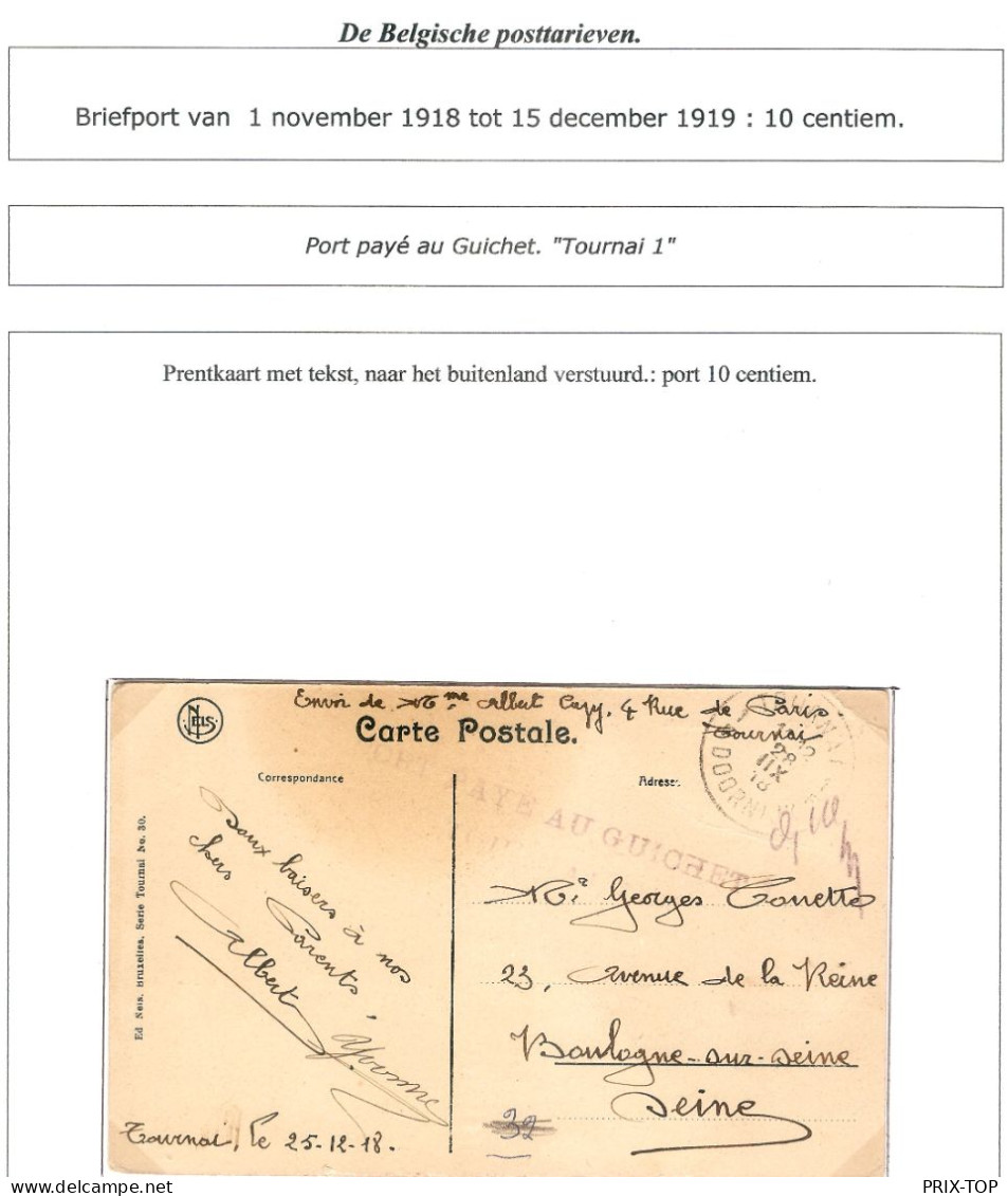 CP Tournai 25/12/18 Griffe Port Payé Au Guichet Tournai 1 0,10 Obl.Tournai-Doornik 28/IIX Mois à L'envers/1918 > France - Fortune (1919)