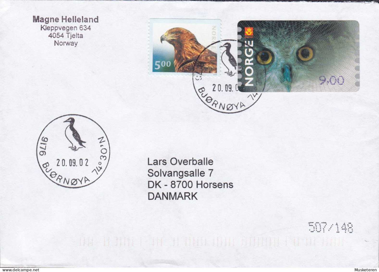 Norway Sonderstempel BJØRNØYA 2002 Cover Brief Lettre HORSENS Denmark Bird Vogel Oiseau Eagle Adler Owl Uhle ATM / Frama - Briefe U. Dokumente