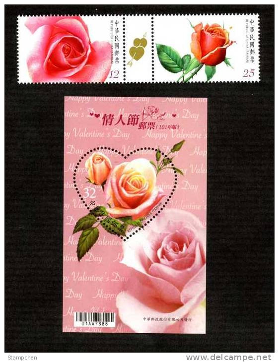 Taiwan 2012 Valentine Day Stamps & S/s Love Heart Rose Flower Arrow Scented Ink Gutter Pair Unusual - Ungebraucht