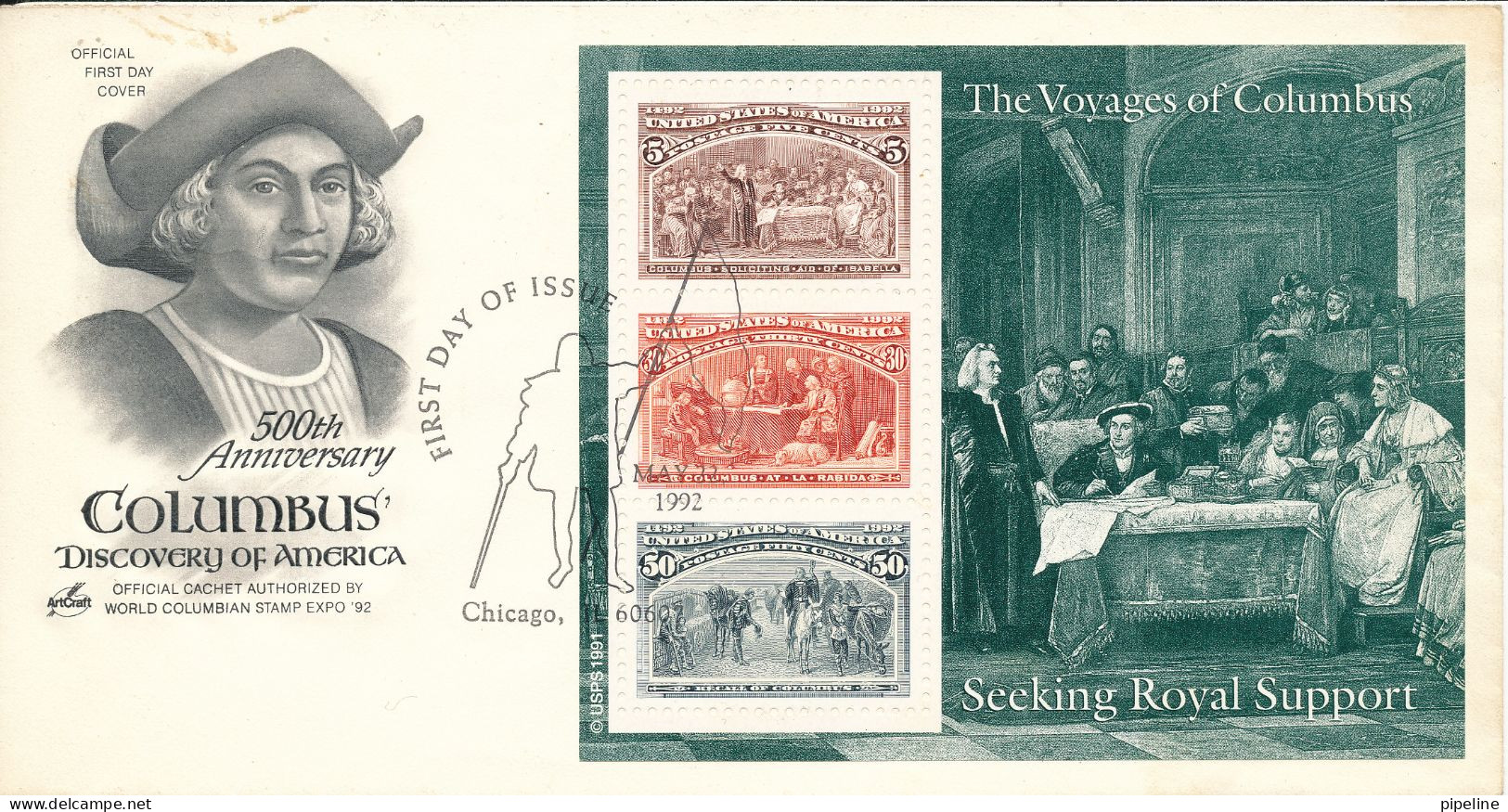 USA FDC 22-5-1992 500th Anniversary Columbus Discovery Of America Minisheet With Art Craft Cachet - 1991-2000