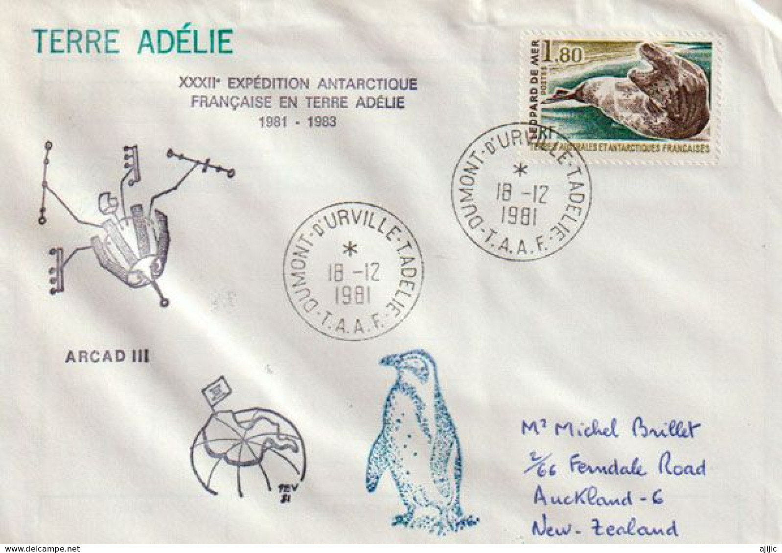 Satellite Arcad 3 Over Antarctica 1981, Letter From Dumont D'Urville Station (Terres Australes) To New-Zealand - Andere & Zonder Classificatie