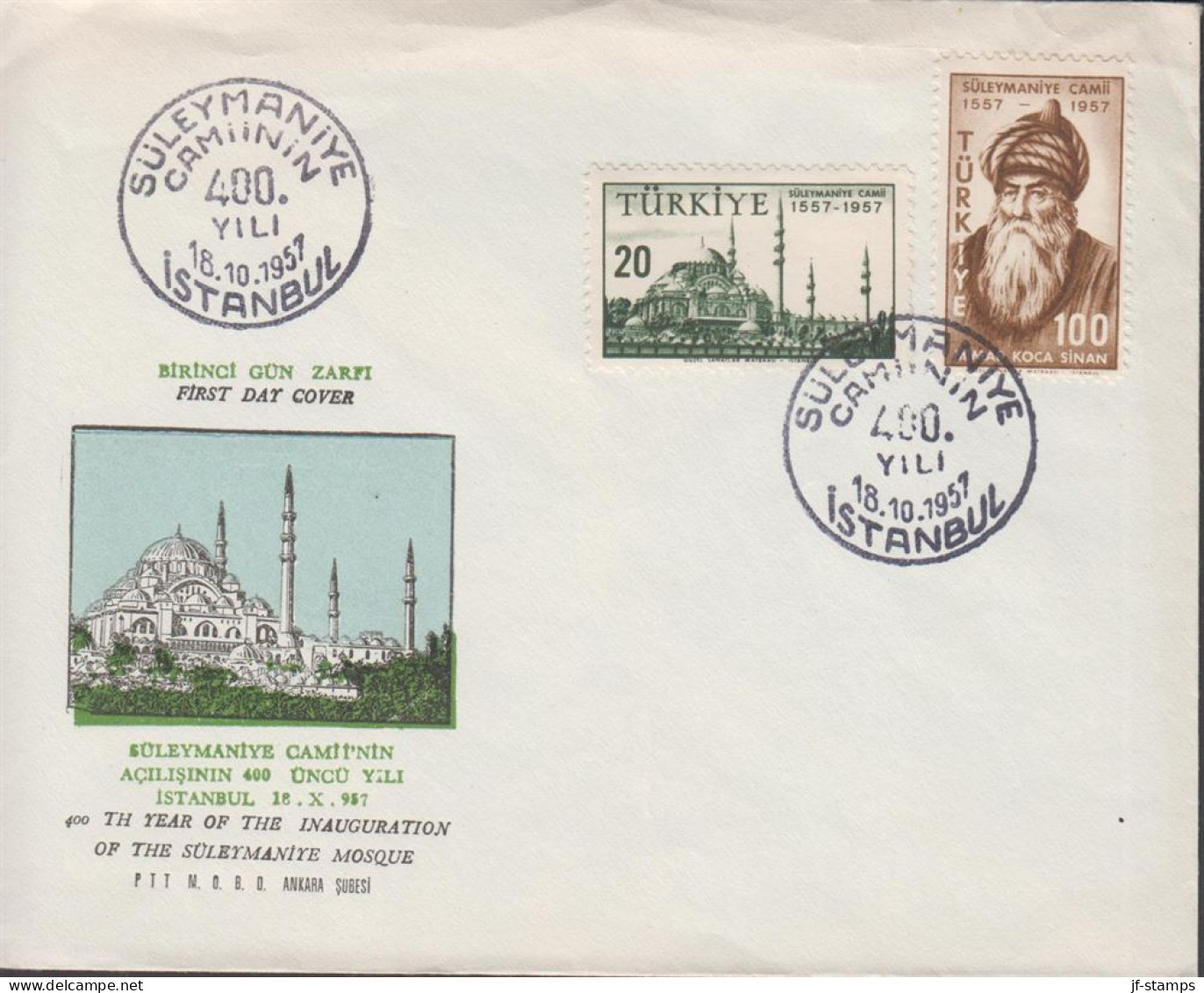 1957. TÜRKIYE. Musque Süleymaniye, Istanbul Complete Set  On FDC. Picture Of The Musque... (Michel 1528-1529) - JF442658 - Briefe U. Dokumente