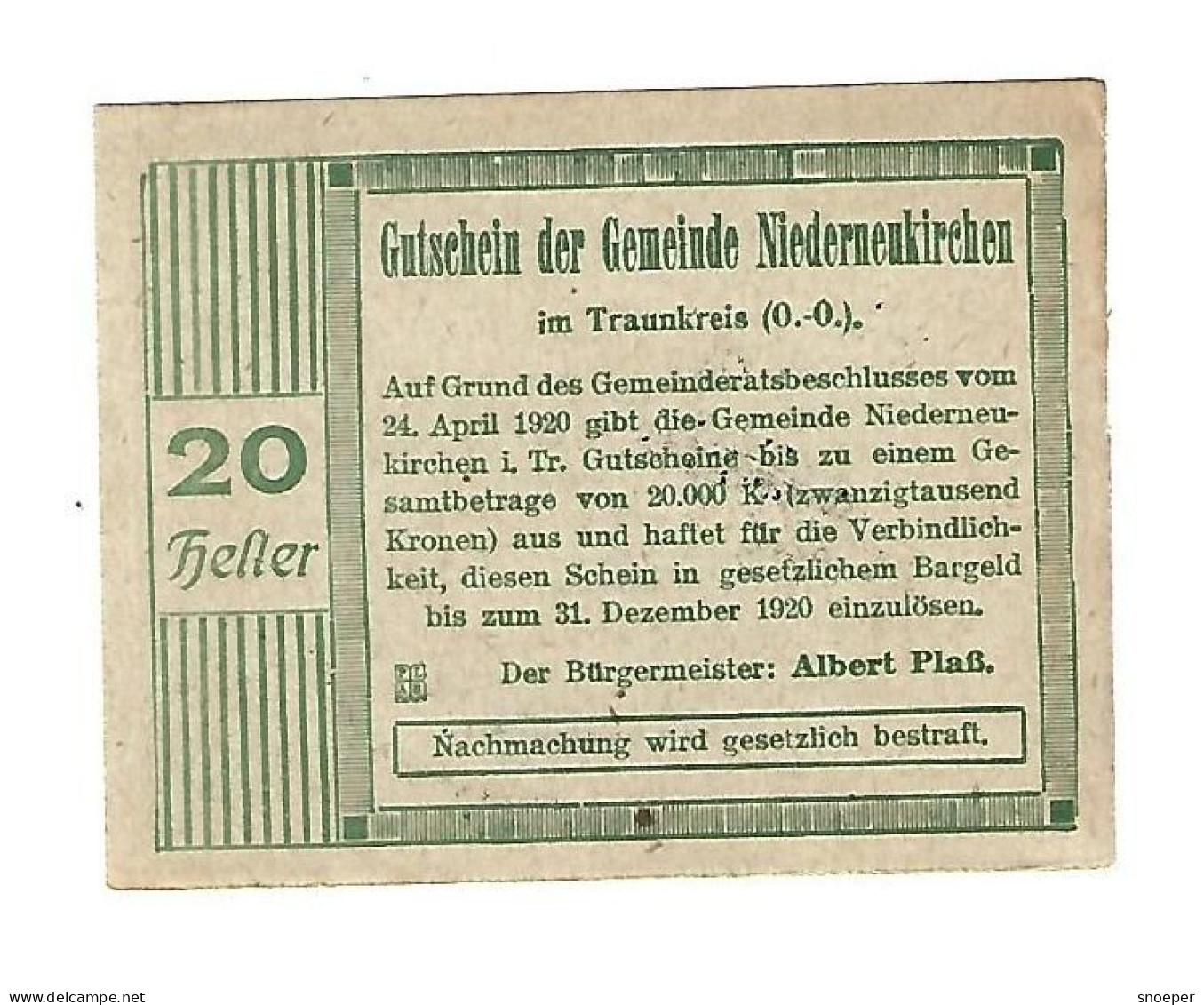 *notgeld   Austria  Nieder Neukirchen 20 Heller S670.2/b2  CAT VAL 9,00 EURO - Autriche