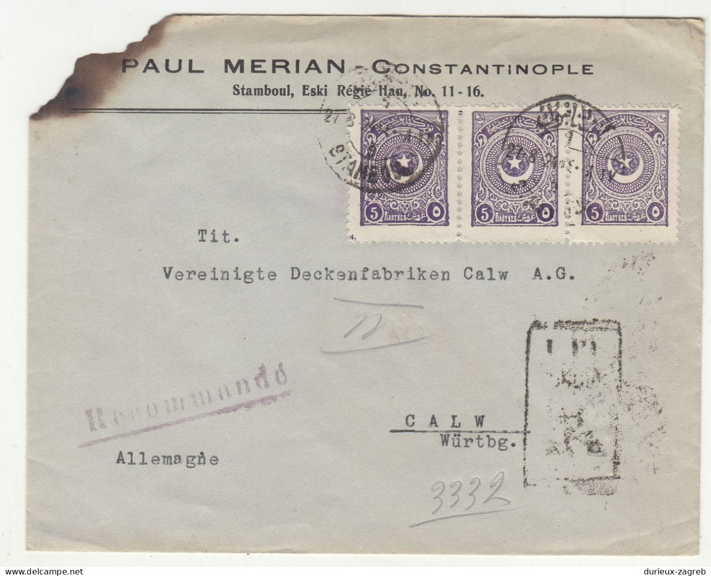 Paul Merian, Constantinople Company Letter Cover Posted Registered 1924 To Germany B230801 - Brieven En Documenten