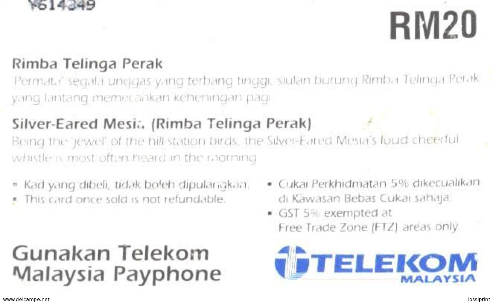 Malaysia:Used Phonecard, Telekom Malaysia, 20 RM, Bird, Silver-eared Mesia - Songbirds & Tree Dwellers