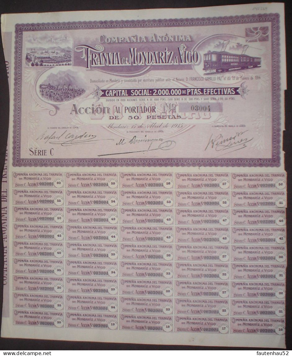 Tranvia De Mondariz A Vigo 50 Ptas, 1915  Uncancelled + Coupon Sheet - Film En Theater