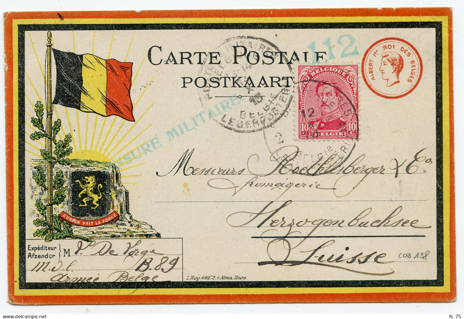 BELGIQUE - COB 138 POSTES MILITAIRES 2 BELGIQUE 2 SUR CARTE DE FRANCHISE MILITAIRE POUR LA SUISSE - Armée Belge