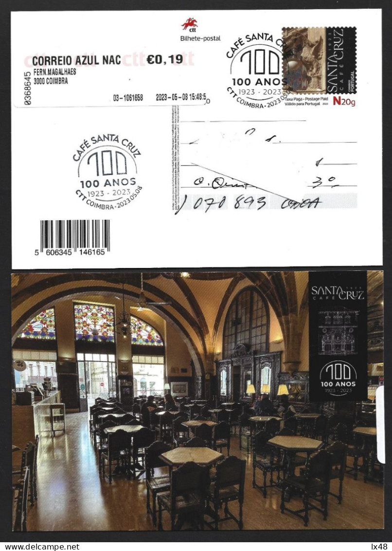 Café Santa Cruz Coimbra. Postal Stationery With Postage Label For Urgent Fee Complement 0.19€. Cooffe Restaurant Drink - Hotels, Restaurants & Cafés