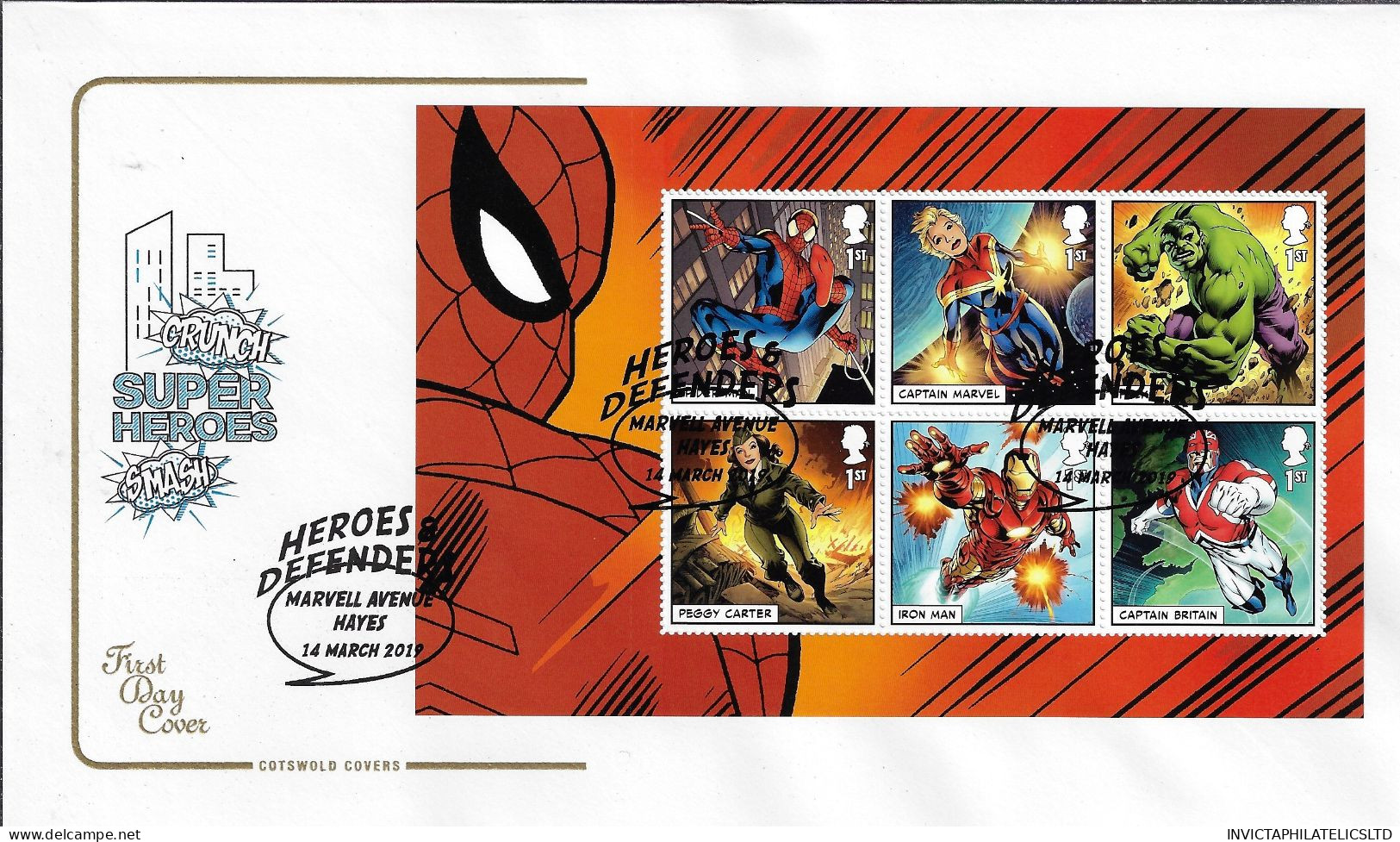 GB 2019 MARVEL SUPER HEROES PRESTIGE BOOK SET ON 5 X COTSWOLD FDC WITH SPECIAL CANCELS - 2011-2020 Em. Décimales