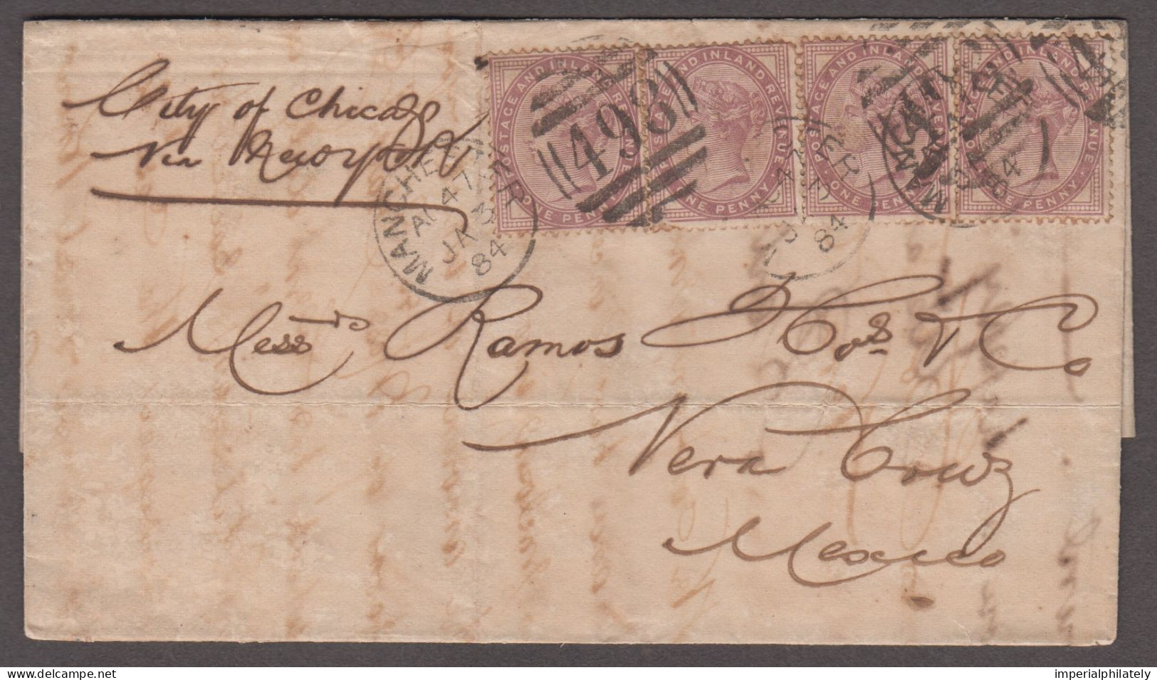 1884 (Jan 3) Wrapper From Manchester To Mexico With Four 1881 1d Lilac Die II Tied By Manchester "498" Duplexes - Covers & Documents