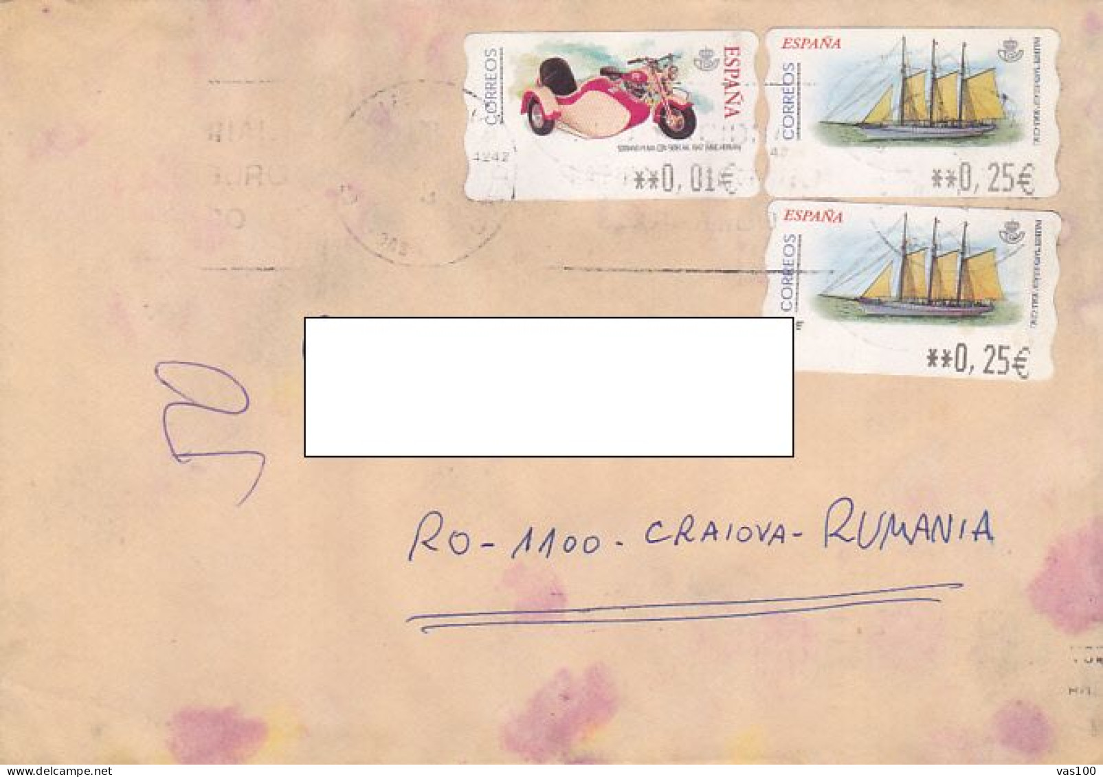 MOTORBIKE WITH SIDECAR, SHIP, STAMPS ON COVER, 2003, SPAIN - Covers & Documents