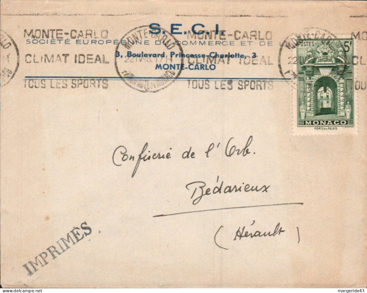 MONACO SEUL SUR LETTRE A EN TETE POUR LA FRANCE 1948 - Storia Postale