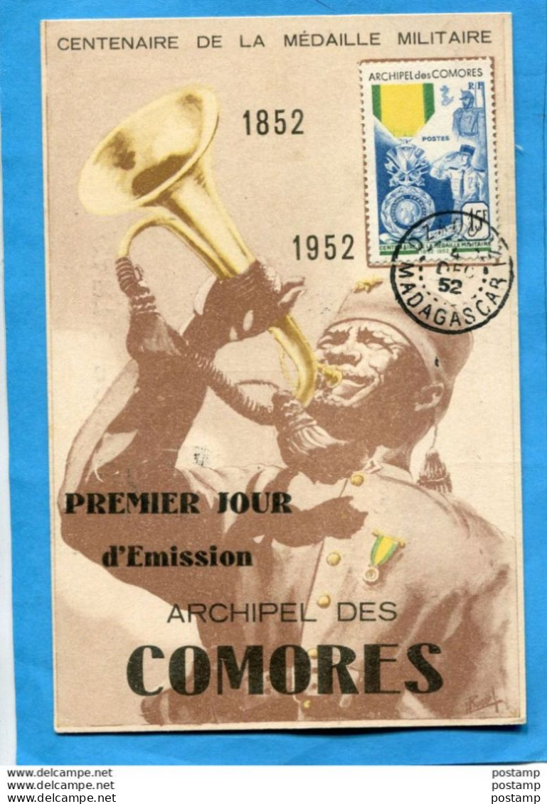 Marcophilie-COMORES-timbreN°12  Cad DZAOUDZI-carte Illustrée Centenaire  Médaille Militaire 1952- - Briefe U. Dokumente