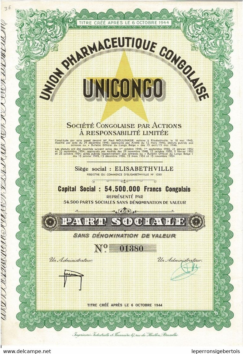 - Titre De 1954 - Union Pharmaceutique Congolaise - Unicongo -Sté Congolaise Par Actions à Responsabilité Limitée - Africa