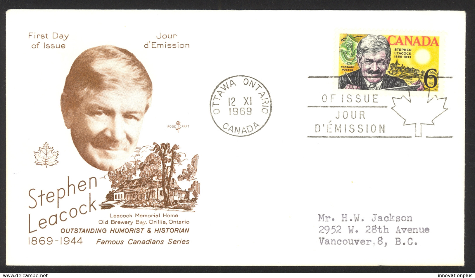 Canada Sc# 504 Ottawa CXL (Rose Craft) FDC Single (da) 1969 11.12 Steven Leacock - 1961-1970