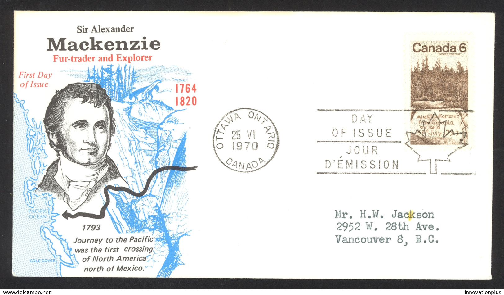 Canada Sc# 516 (Cole Covers) FDC Single (a) 1970 6.25 Sir Alexander Mackenzie - 1961-1970