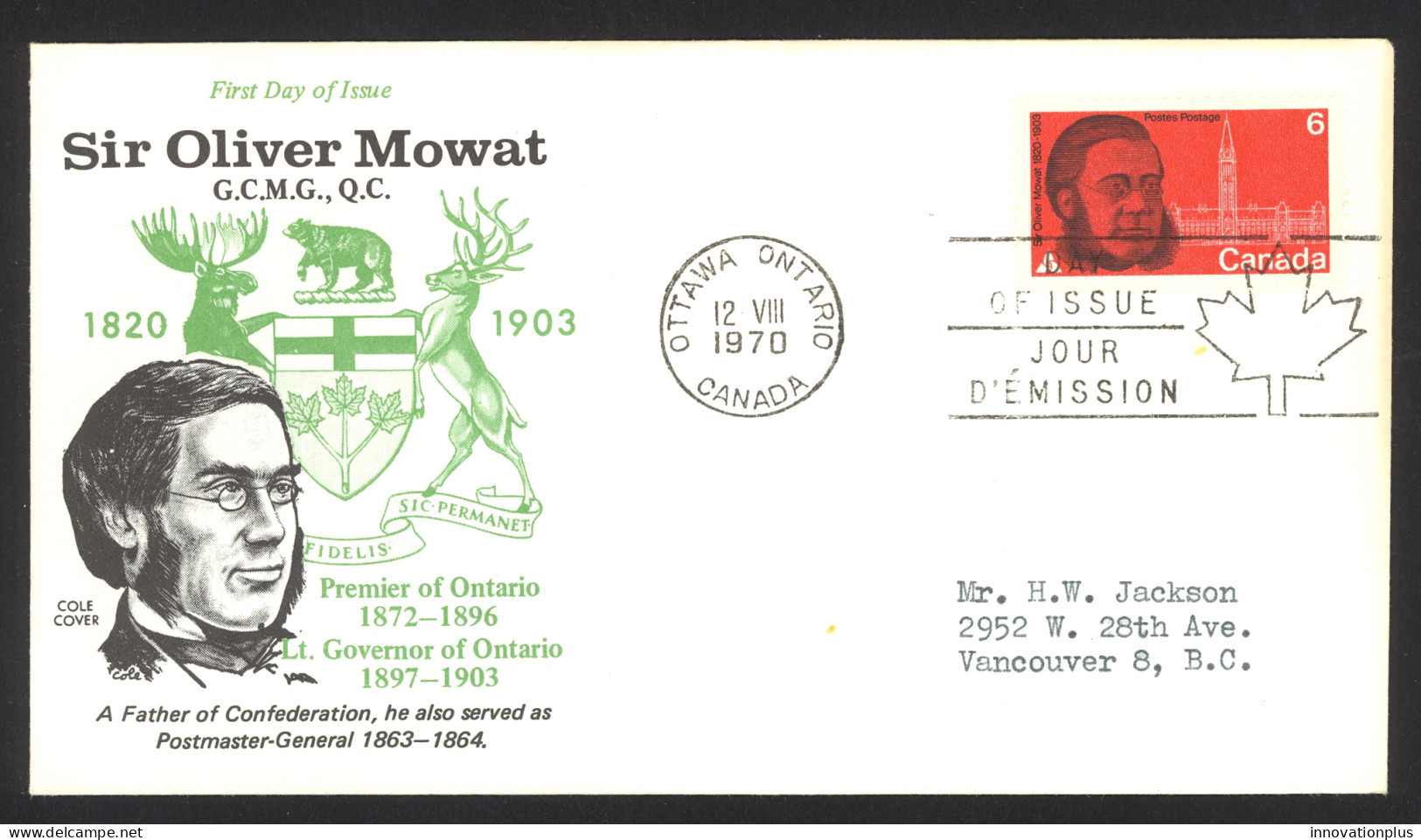 Canada Sc# 517 (Cole Covers) FDC Single (a) 1970 8.12 Sir Oliver Mowat - 1961-1970