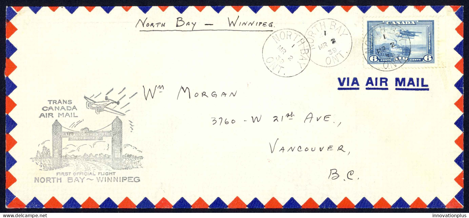 Canada Sc# C6 First Flight (North Bay>Winnipeg) 1939 3.2 Trans Canada Air Mail - First Flight Covers