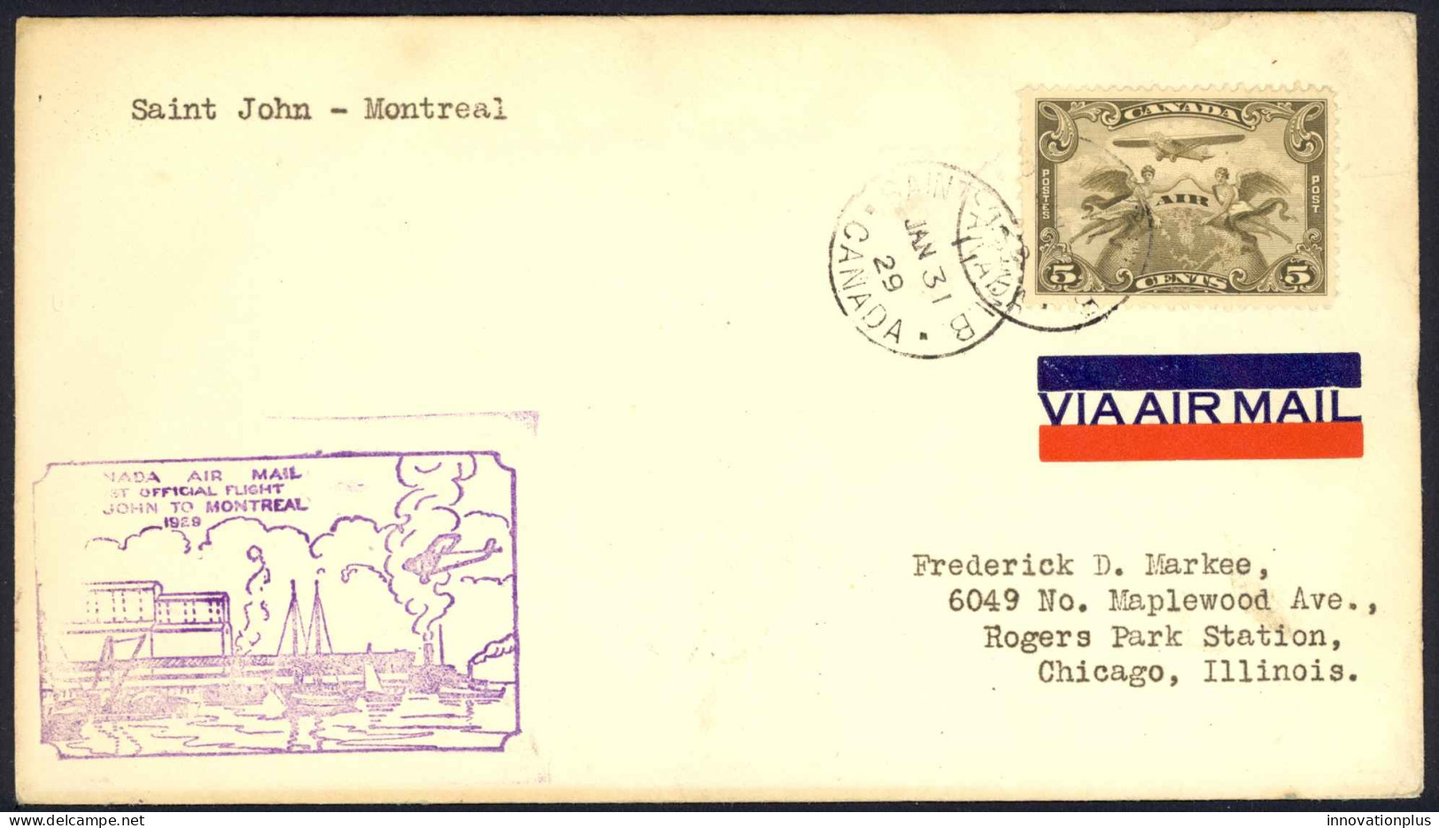 Canada Sc# C1 First Flight (St. John, NB>Montreal,PQ) 1929 1.31  - First Flight Covers