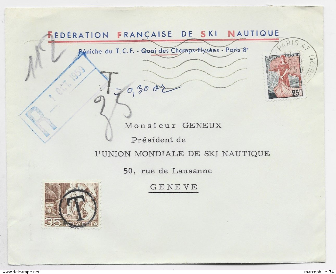 FRANCE LETTRE COVER ENTETE FEDERATION FRANCAISE DE SKI NAUTIQUE MARIANNE A LE NEF 25FR PARIS 1959 POUR SUISSE TAXE 35C - Wasserski