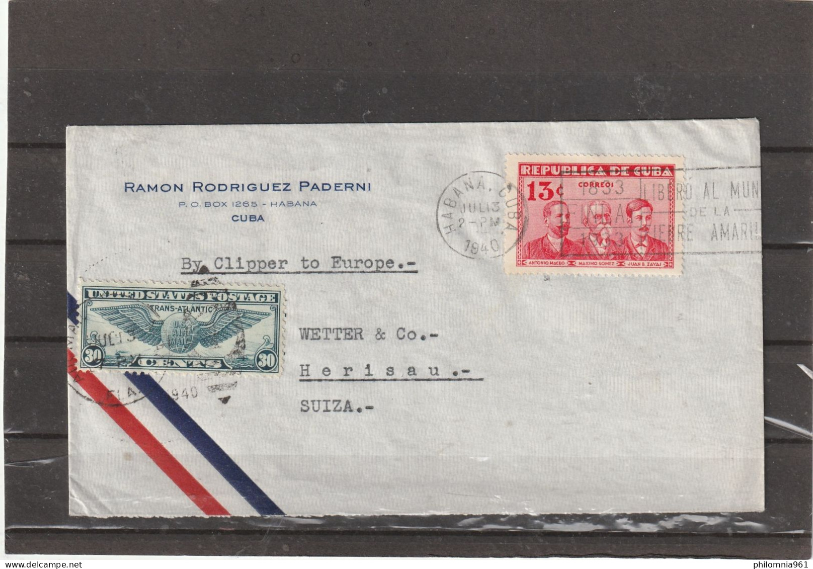 Cuba PAA CLIPPER AIRMAIL COVER To Switzerland W USA STAMP ALSO 1940 - Luftpost