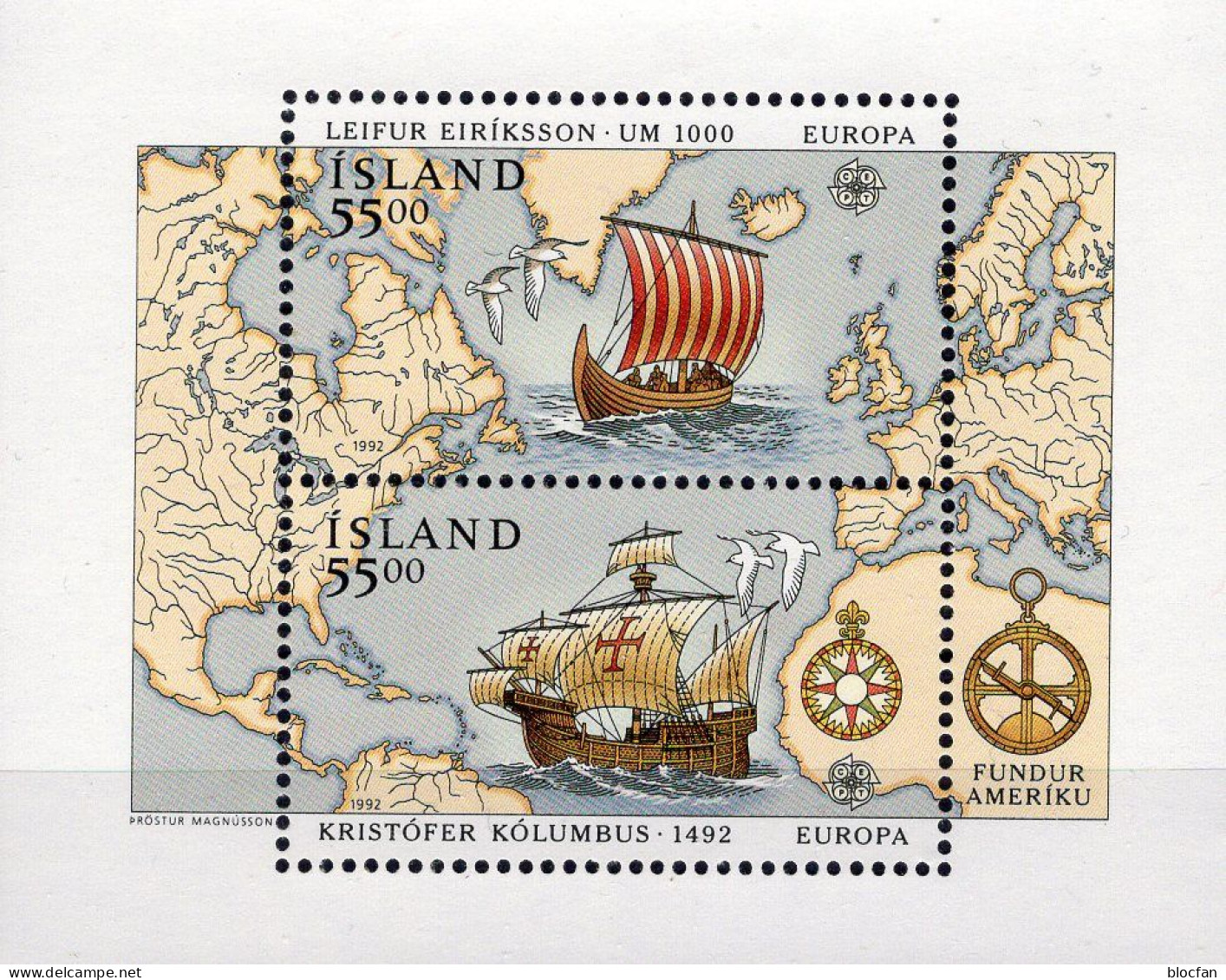 1992 Island 764/5, ZD+Bl.13 ** 28€ Landkarten Entdeckung Amerika Karavelle Seefahrer Kolumbus S/s Ship Se-tenant EUROPA - Sonstige (See)