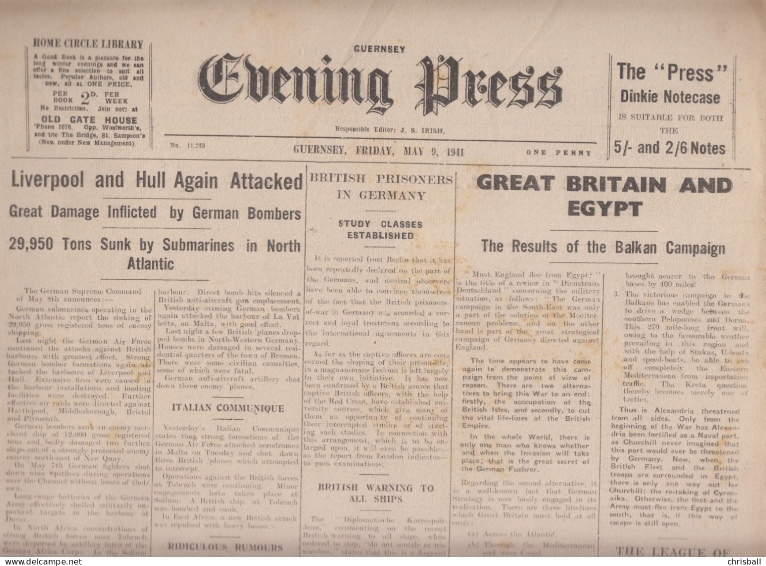 Guernsey Newspaper May 9th, 1941 (Original) - Evening Press - Oorlog 1939-45