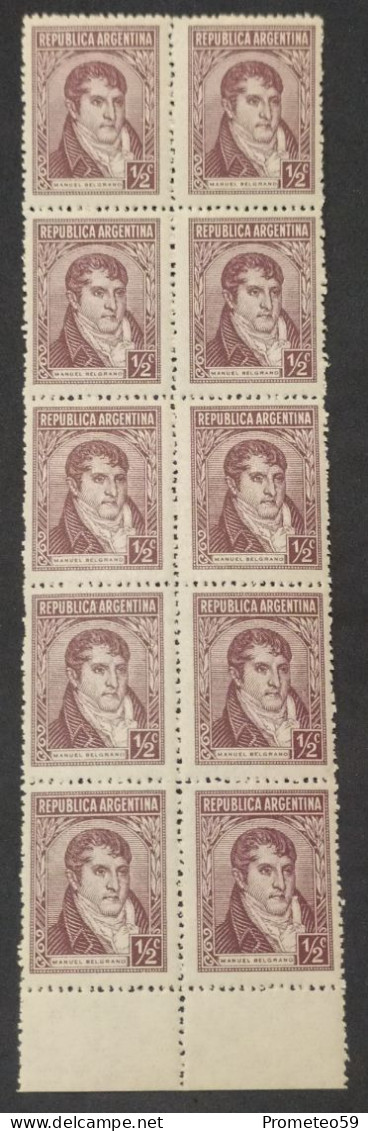 Fragmento Plancha De 10 Estampillas Argentinas Con Complemento – Valor: ½ Centavo – Año: 1935 –Serie Próceres Y Riquezas - Blocs-feuillets